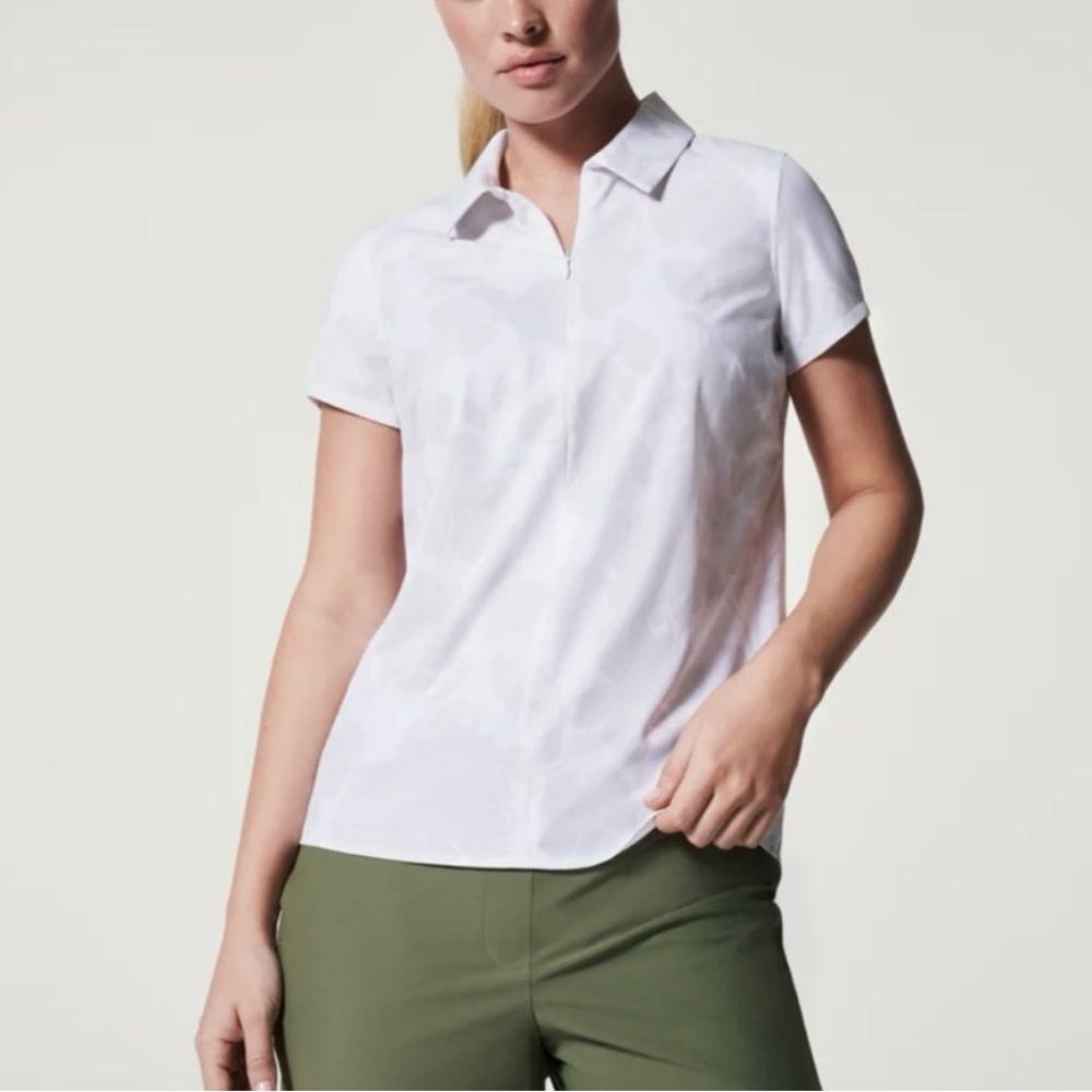 Spanx Sunshine quarter zip stretch short sleeve floral polo shirt, Women's Small